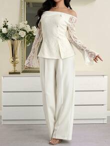 Modelyn Conjunto elegante de top hombros descubiertos y pantalones con aplicaciones de encaje - Albaricoque - Ver 5