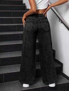 SHEIN PETITE Jeans casuales de pierna ancha con bolsillos y dobladillo deshilachado, corte holgado para mujer - Negro - Ver 2