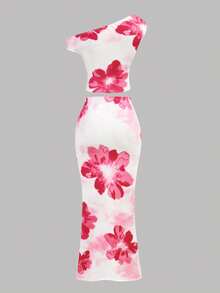 Girlism Bộ váy hai mảnh ôm sát, bất đối xứng, xếp ly, in hoa màu hồng cánh sen dành cho thiếu nữ, thích hợp cho mùa hè và kỳ nghỉ. - Màu Hồng Tươi - Xem 2