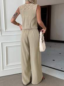 DAZY Women's Casual Lace Patchwork Faux Pocket Vest And Wide Leg Pants 2 Pieces Set, Spring/Summer - Apricot - View 2