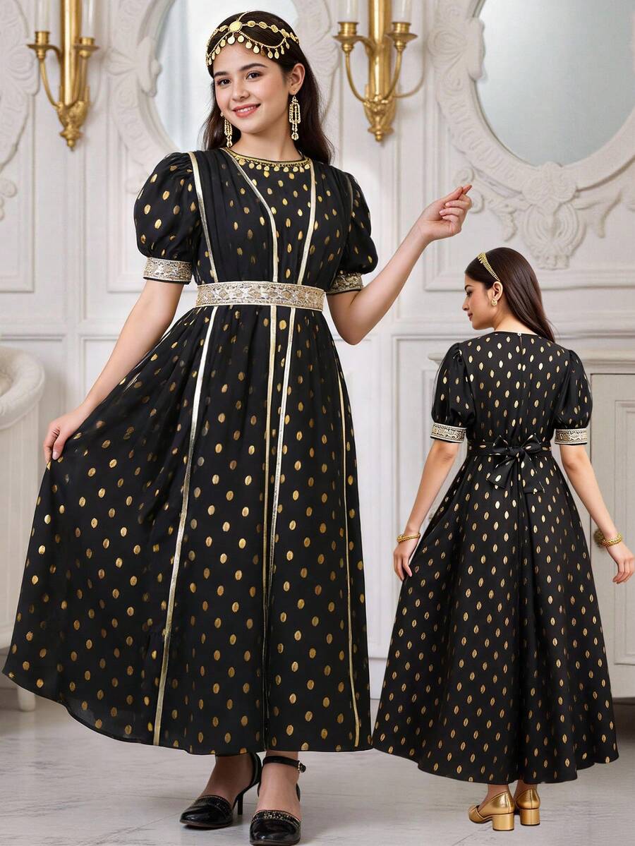 SHEIN Teen Girl Summer New Thin Hot Stamping Polka Dot Short Sleeved Elegant Vacation Waist Cinching High-End Feeling Retro Dress Showing Ladylike Medium Long Skirt - Black - View 1
