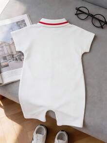 SHEIN Playful Pals Newborn Toddler Infant Soft Baby Polo Short Sleeve Romper ,Los Angeles Print Polo Jumpsuit With Snap Closure For 3-24 Months Baby Boy Summer Romper Baby Basketball Clothes Baby Boy Street Wear - White - View 4