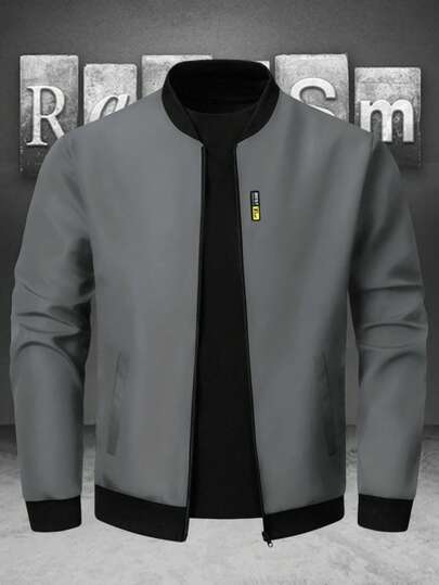 Manfinity Homme Men's Autumn Contrast Color Zipper Collar Casual Baseball Jacket