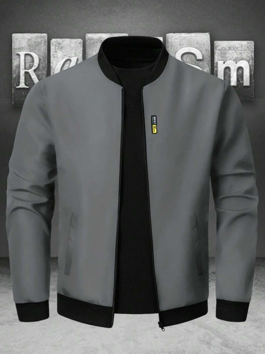 Manfinity Homme Men's Autumn Contrast Color Zipper Collar Casual Baseball Jacket