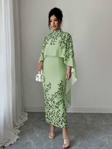 SHEIN Elenzya Đầm midi cổ cao thanh lịch in hoa kèm áo choàng - Màu xanh nhạt - Xem 5
