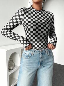 INAWLY Women's Casual Checkerboard Long Sleeve Fitted Top Fall Cloth For Women - Black and White - View 6