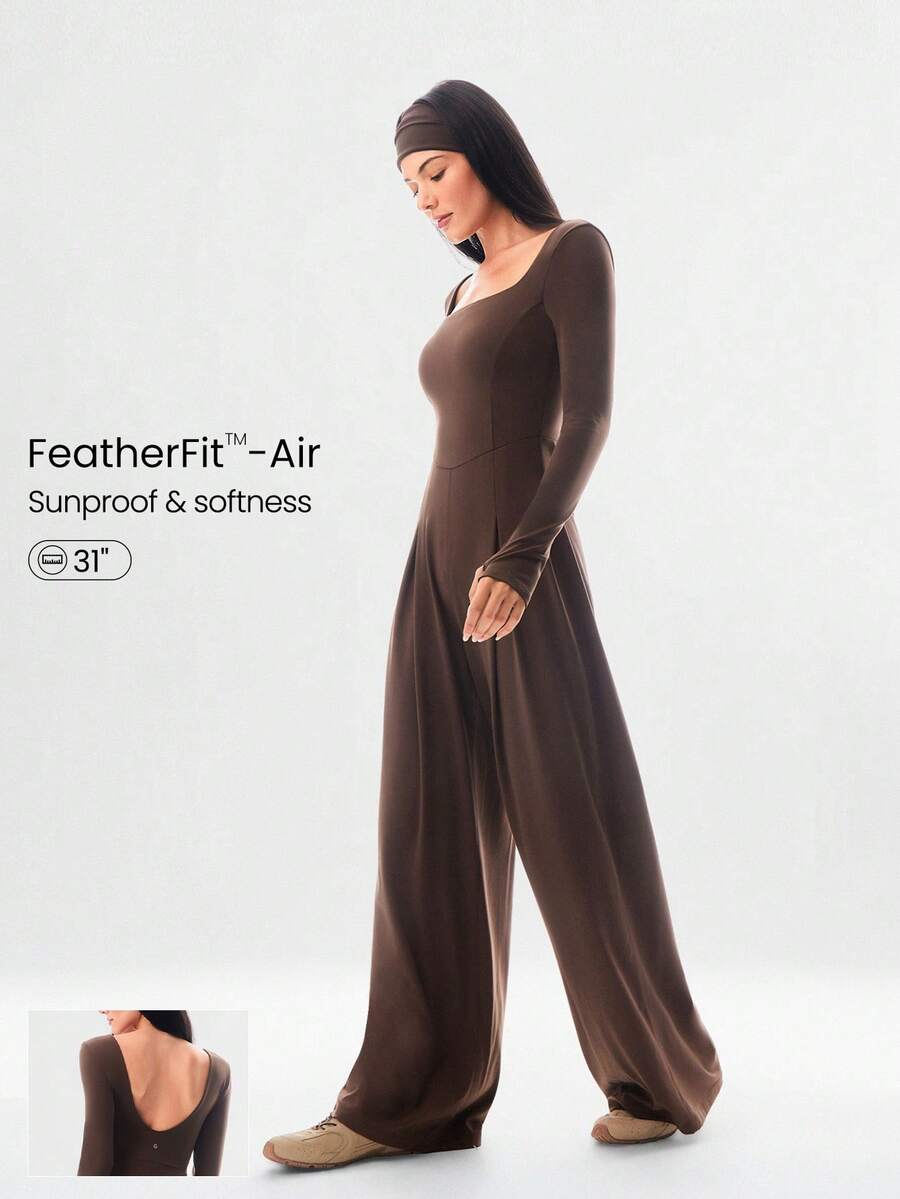 GLOWMODE FeatherFit™-Air Sunproof Work And Flow Square Neck Open U-Back Wide Leg Long Sleeve Bodysuit With Thumbholes Daily Casual Wear Removable Cups - Brown - View 1