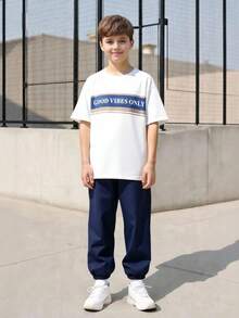 Vacaura 2pcs Teenage Boys' Casual Sports White T-Shirt With Stripe & Letter Print, Navy Blue Pants Set, Suitable For Summer Outings Boys Graphic Tee And Pants Set Teen T Shirt And Pants Boys Shirt And Sweatpants Teen Boy 2 Piece Set - Navy Blue - View 1