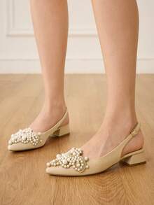 CUCCOO HITCHD 25cm Spring/Summer New Romantic Elegant Pointed Toe Faux Pearl Decor Mid-Heel Khaki High Heels Peep Toe Shoes, Bridal Wedding Shoes Valentine's Day - Khaki - View 8