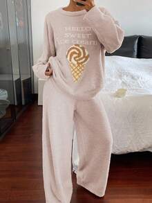 DAZY 女士两件套冰淇淋印花抓绒针织宽松睡衣套装 - 粉色 - 查看 4