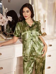 SHEIN Leopard Print Faux Silk Short Sleeve Pajama Set With Collar
