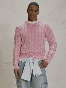 Musero Suéter de cuello redondo de manga larga con tejido de punto grueso y estilo deshilachado, detalles esenciales para primavera y verano - Rosa vieja - Ver 1