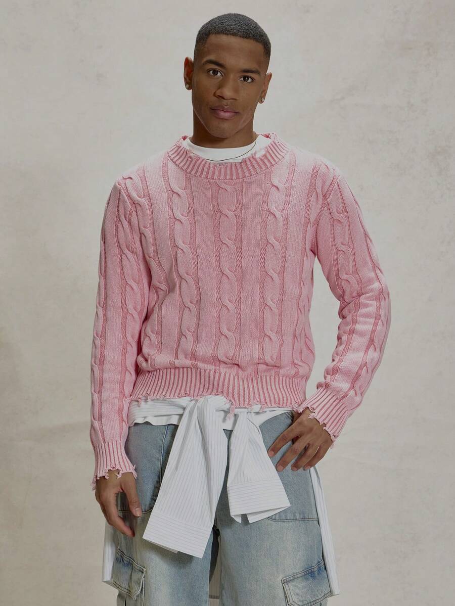 Musero Suéter de cuello redondo de manga larga con tejido de punto grueso y estilo deshilachado, detalles esenciales para primavera y verano - Rosa vieja - Ver 1