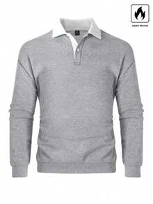 Manfinity Hypemode Men's Loose Fit Contrast Polo Collar Thermal Lined Long Sleeve Sweatshirt, Fall/Winter - Light Grey - View 3