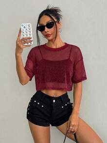 SHEIN EZwear Áo lưới dệt kim màu đỏ dành cho nữ, thích hợp cho mùa xuân/hè. - Đỏ - Xem 6