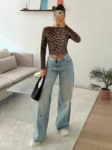 SHEIN EZwear Áo thun dài tay ôm sát, hở lưng, họa tiết da báo mới dành cho nữ - Nhiều màu - Xem 5