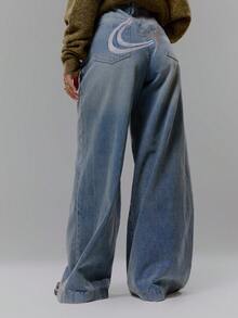 MUSERA Low Rise Embroidered Graphic Wide Leg Washed Denim Jeans Streetwear Coolgirl Winter Sexy Casual Odd Drift - Blue - View 4