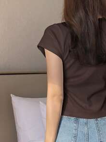 女士基本款圆领纯色白色短袖 T 恤，春夏季，商务休闲女士 - 棕色 - 查看 2