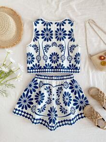 SHEIN 2pcs/Set Tween Girl Blue And White Floral Print Camisole And Shorts,Bohemian Summer Tropical Vacation Holiday Outfit Kids Sleeveless Chic Casual Set - Blue and White - View 7