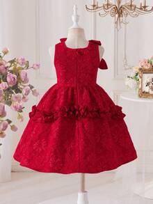 SHEIN Elegant Red Satin Traditional Wedding Dress For Girls,Sleeveless 3D Floral Jacquard Party Frock With Rhinestone Bow And Tiered Ruffle Hem For Toddler - Blue and White - View 9