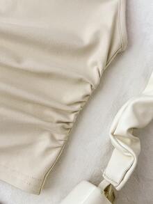 SHEIN 少女纯色肩部褶皱休闲百搭日常穿着T恤 - 杏色 - 查看 8