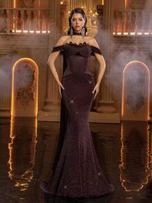 Glamrae Elegant Crafted Floral Lace Collar Structural Splice Ruffle Hem Flared Hem Cocktail Party Dress, Evening Dress, Lightweight Mesh Dress - Coffee Brown - View 3