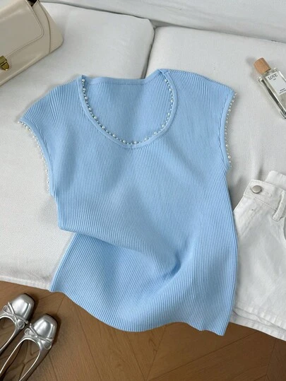 GlowEve Elegant U-Neck Pearl Decor Puff Sleeve Knit Top, Light Blue, Versatile For Spring/Summer, Women