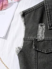 SHEIN 2pcs/Set Tween Girls Black Knit Camisole Dress With Fringe Denim Vest, Casual Commuter Outfit - Black - View 3