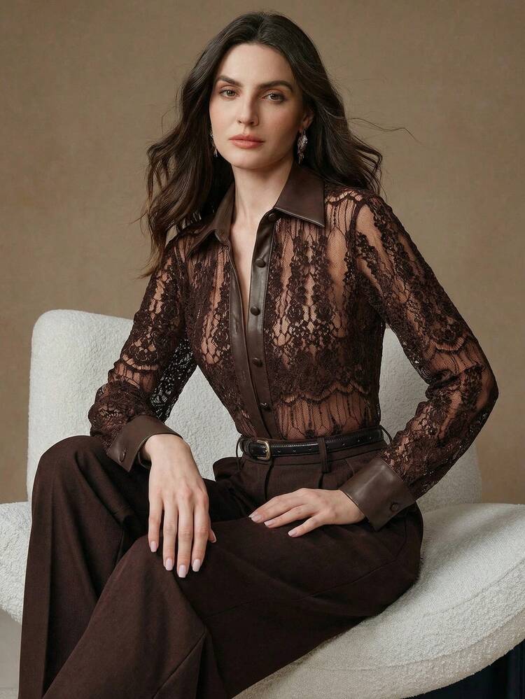 Luxury Chenille Lace Patchwork Faux Leather Collar Long Sleeve Blouse For Women