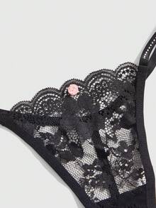 ROMWE 1 chiếc quần lót G-string nữ kiểu Gothic ren hoa đính đá. - màu đen - Xem 1