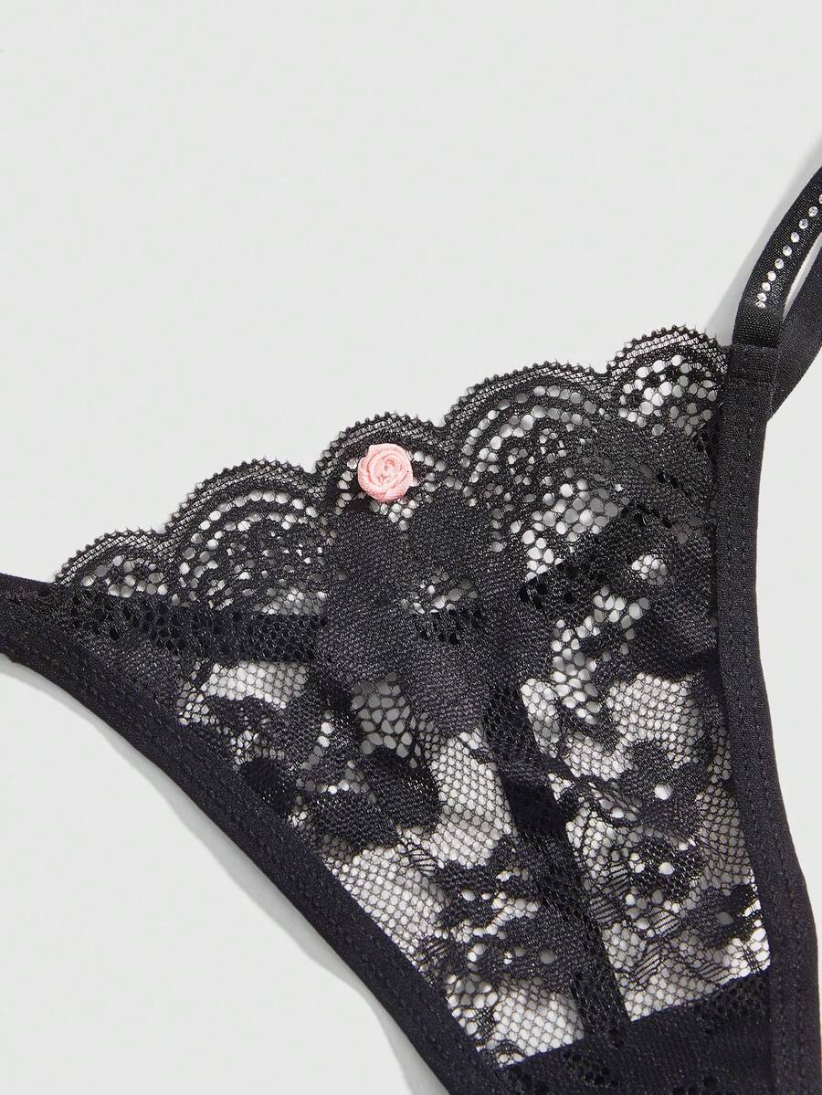 ROMWE 1 chiếc quần lót G-string nữ kiểu Gothic ren hoa đính đá. - màu đen - Xem 1
