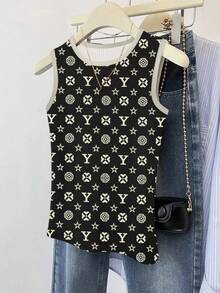 SHEIN Top de mujer casual ajustado de cuello redondo sin mangas - Negro - Ver 3
