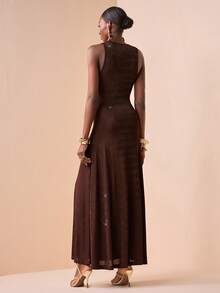 Zivah 2026 Spring Summer New Arrival, Elegant Brown Color Knit Fabric V-Neck Sleeveless Knot Detailed Fitted Long Dress For Women,  Suitable For Valentine's Day Outfit, Wedding Guest Attire, Vacations, Travel, Parties, Gatherings, Cruises, Evenings, Beach Sunbathing, Nighttime Outings, Brunch, Shopping, Formal Occasions, Dinner Parties. - Brown - View 4