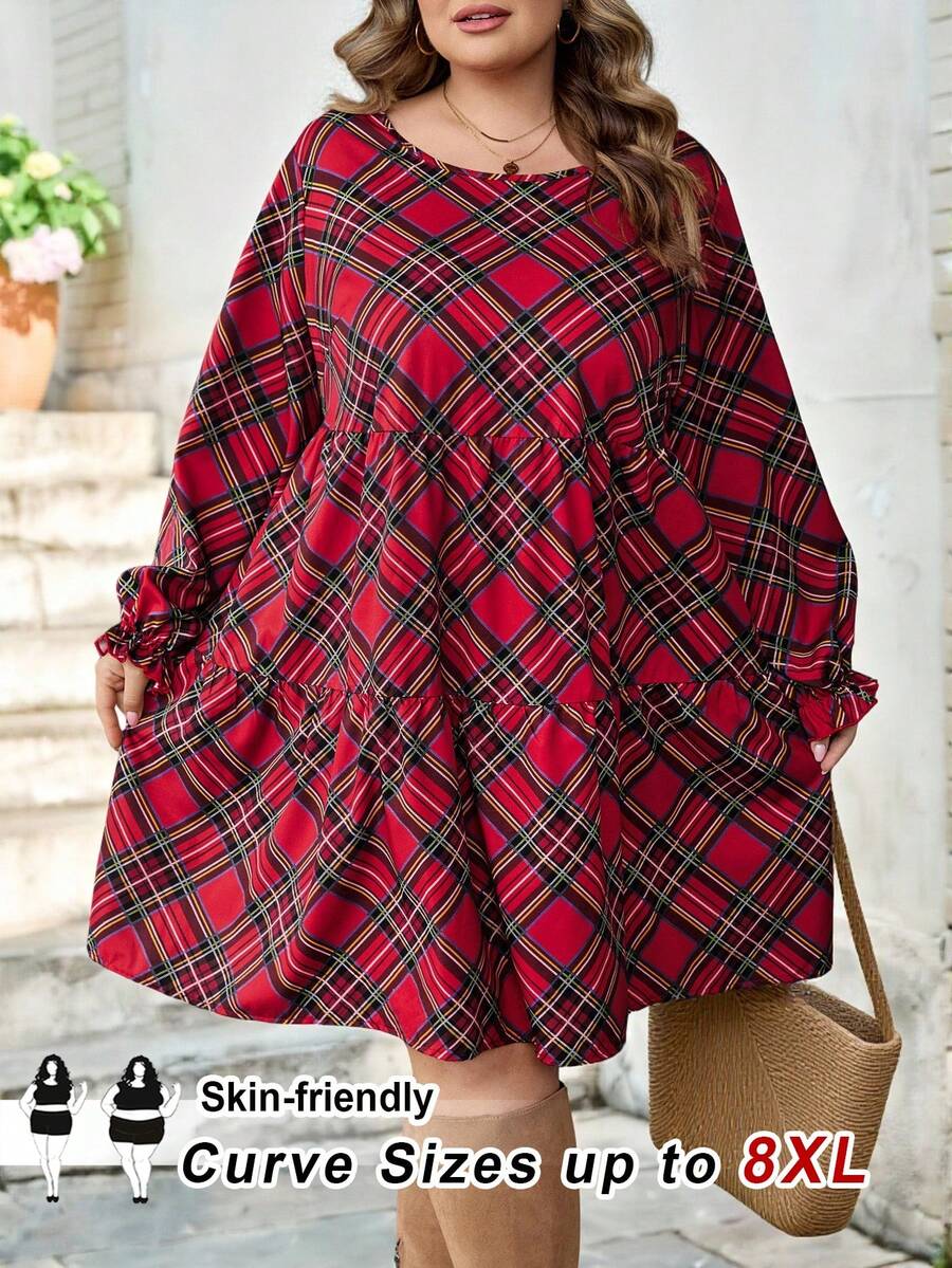 SHEIN CURVE+ 加大码/情人节/大码休闲简约圣诞格子图案宽松圆领连衣裙/2026/新年休闲装和情人节服装 - 彩色 - 查看 1