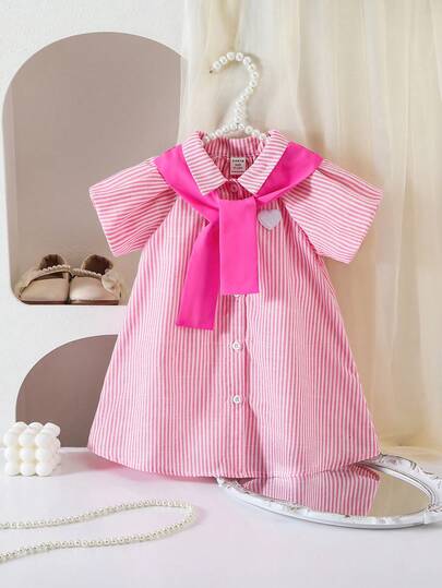 SHEIN Newborn Baby Girl Cute Pink Striped Collar Shawl Short Sleeve Dress, Summer