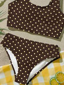 复古波点印花图案少女休闲简约吊带泳衣套装，适合夏季穿着 - 彩色 - 查看 5