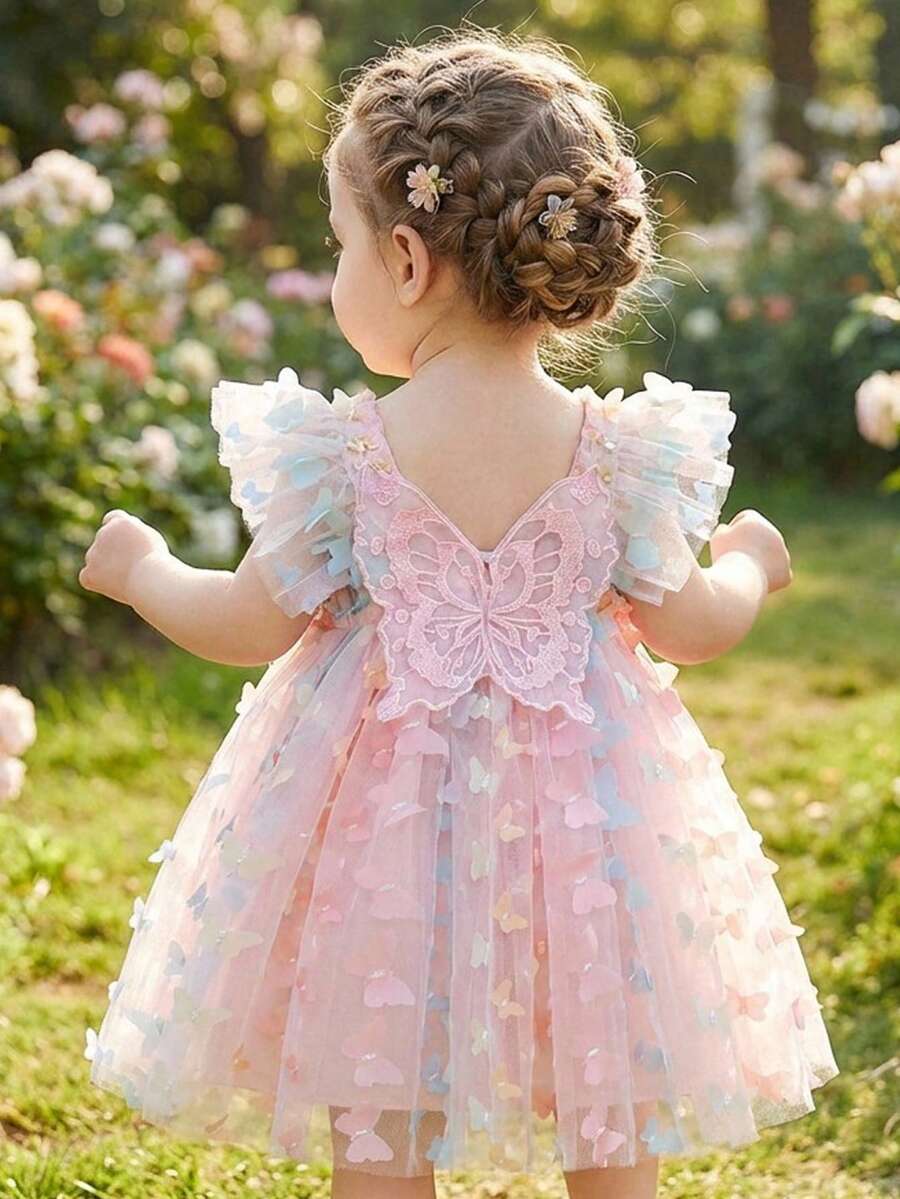 SHEIN Đầm lưới nhiều màu sắc thanh lịch và dễ thương cho bé gái với nơ và dây đeo - Nhiều màu - Xem 1