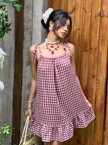 MainGRL 2026春夏新款红色格子梭织面料，肩部系带设计性感可爱女士连衣裙，适合情人节、音乐节、约会、度假、晚宴、郊游等场合，性感女孩装扮 - 酒紅色 - 查看 3