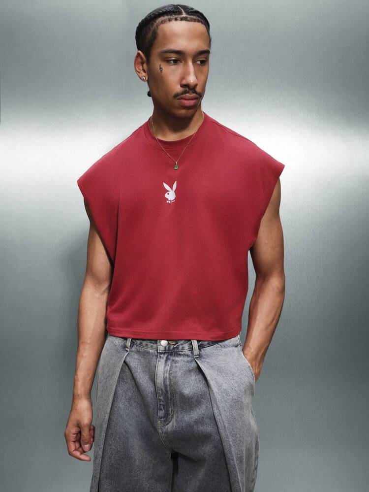 PLAYBOY X SUMWON メンバーズオンリー ノースリーブタンクトップ、胸にスクリプトロゴプリント、バックにグラフィックデザイン、カジュアルな夏のストリートウェア