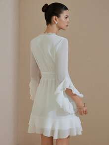 Aveloria Revavyn Luxury Chiffon Contrast Lace V-Neck Waist Cinched Ruffle Hem & Cuff Design Women's Short Dress - White - View 2