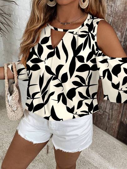 EMERY ROSE Plus Size Casual Leaf Silhouette Print Shirt, Minimalist Design Spring