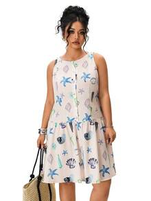 Solavibe Plus Size Women Open Front Ruffled Hem Artistic Seafood & Starfish Print Sleeveless Casual Vacation Dress, Spring/Summer - Multicolor - View 4
