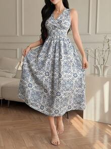 DAZY 女士优雅花卉蕾丝拼接V领无袖中长连衣裙，夏季婚礼宾客礼服/长款连衣裙 - 藍色 - 查看 5