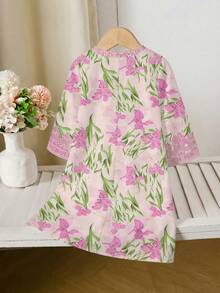 Áo choàng Ả Rập màu hồng họa tiết hoa cho bé gái, cổ áo hoa trang nhã, váy Ả Rập dài tay truyền thống đơn giản và thoải mái, thích hợp mặc vào mùa xuân và mùa hè, váy dài tay thanh lịch và trang nhã. - Nhiều màu - Xem 2