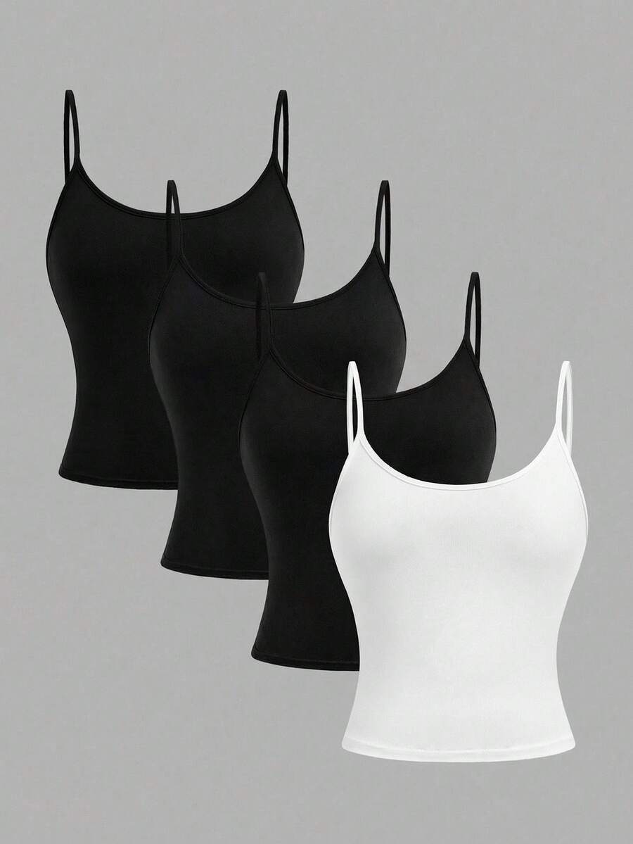 SHEIN Set de 4 piezas de top corto de camiseta de punto versátil en negro y blanco para adolescentes, apto para primavera, verano, otoño e invierno - Multicolor - Ver 1