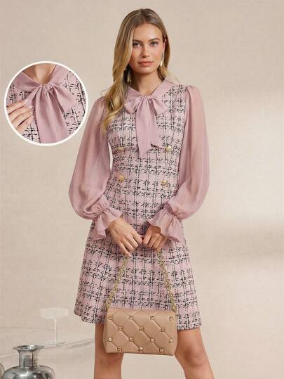 Amorya 女士优雅黑色雪纺拼接粗花呢印花针织连衣裙，撞色金属纽扣，精致商务通勤装，秋冬季办公室服饰