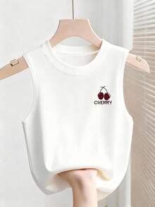 Resyla Cherry Pattern Casual Sleeveless Round Neck Tank Top, Versatile For Summer - White - View 4