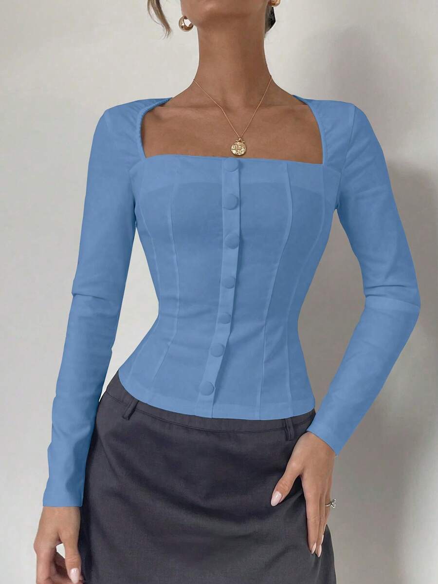 Almamuse Niche Design Fitted Long Sleeve Square Collar Shirt - Blue - View 1