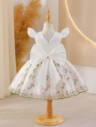 Glamorique Kids Toddler Girls' Sleeveless White Party Dress With V-Back, Satin Bow, Embroidered Floral Skirt, Elegant For Flower Girl, Wedding, Formal Occasions