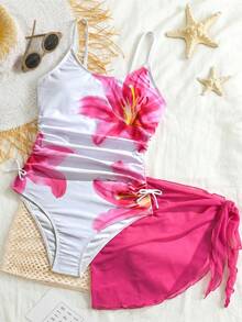 SHEIN Teen Girls White Floral Print Ruched Waist One-Piece Swimsuit With Skirt, Casual Beach Vacation Swimwear Set, Spring/Summer